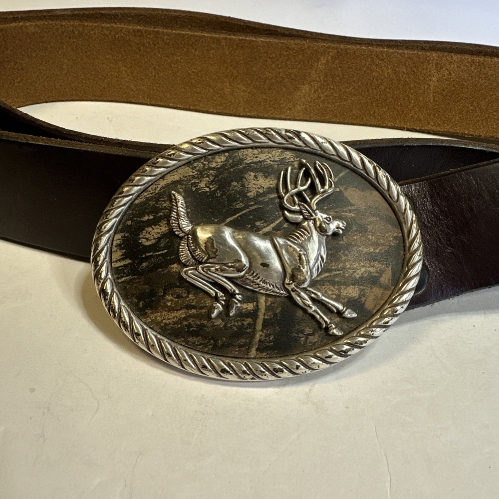 Nocona Belt Buckle Camo Deer Rope Leaping White Tail With 54" Leather Belt